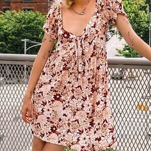 Volcom Women's Goovestone Printed Short Babydoll Dress Dark Clay Size XL/12
